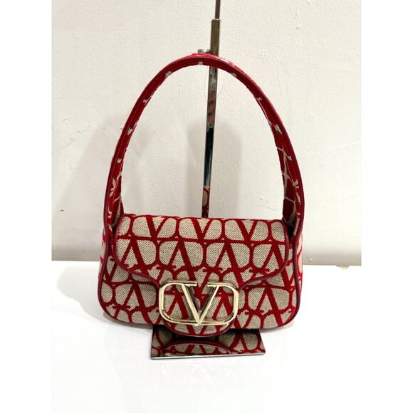 Valentino Garavani Iconographe Loco Canvas Hobo Bag Naturale Rosso V Size Small - Picture 2 of 12